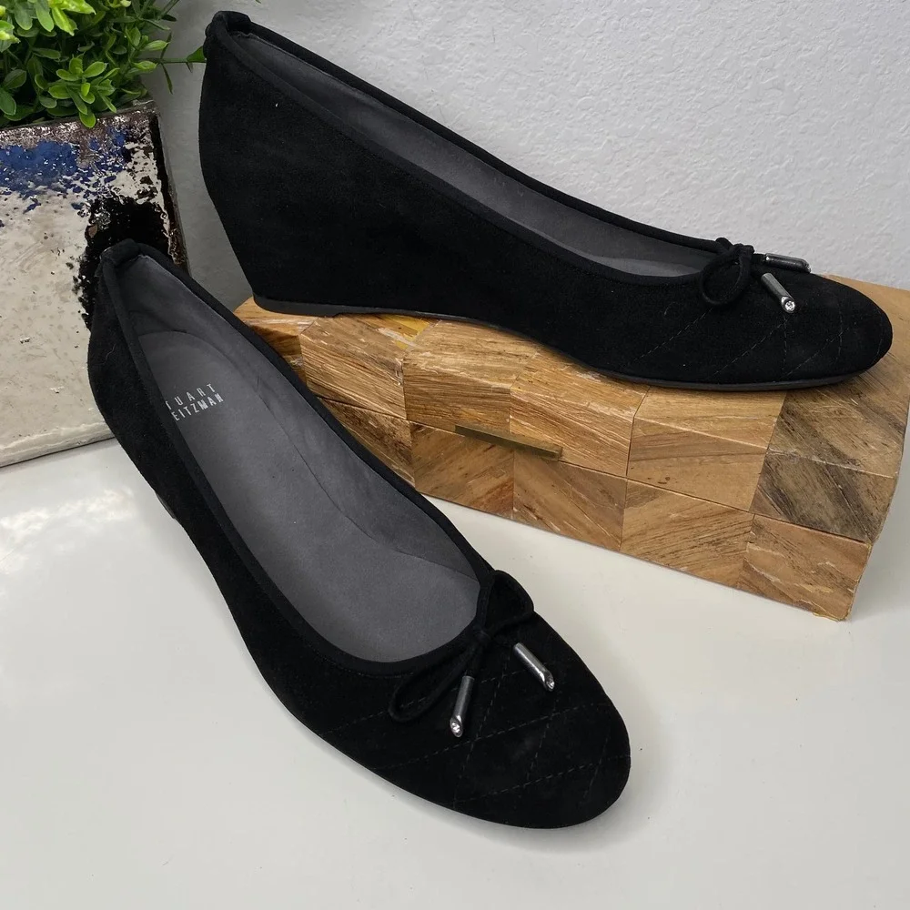 Stuart Weitzman Quilty Black Suede Quilted Bow Wedge Heels Luxury Shoes Size 11N - Picture 1 of 11
